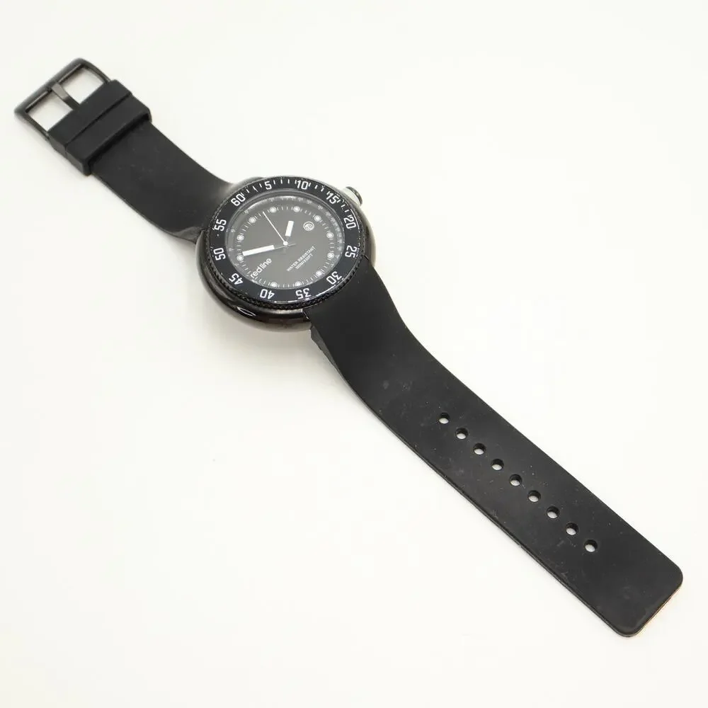 Red Line Compressor Round Dive 50mm Watch 100 Meters Black Silicone New Battery